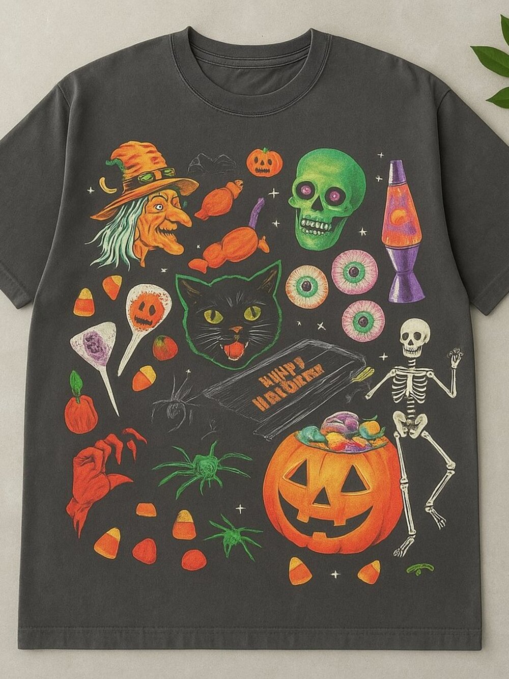 Halloween Graphic Tee Witch Skull Black Cat Pumpkin Skeleton